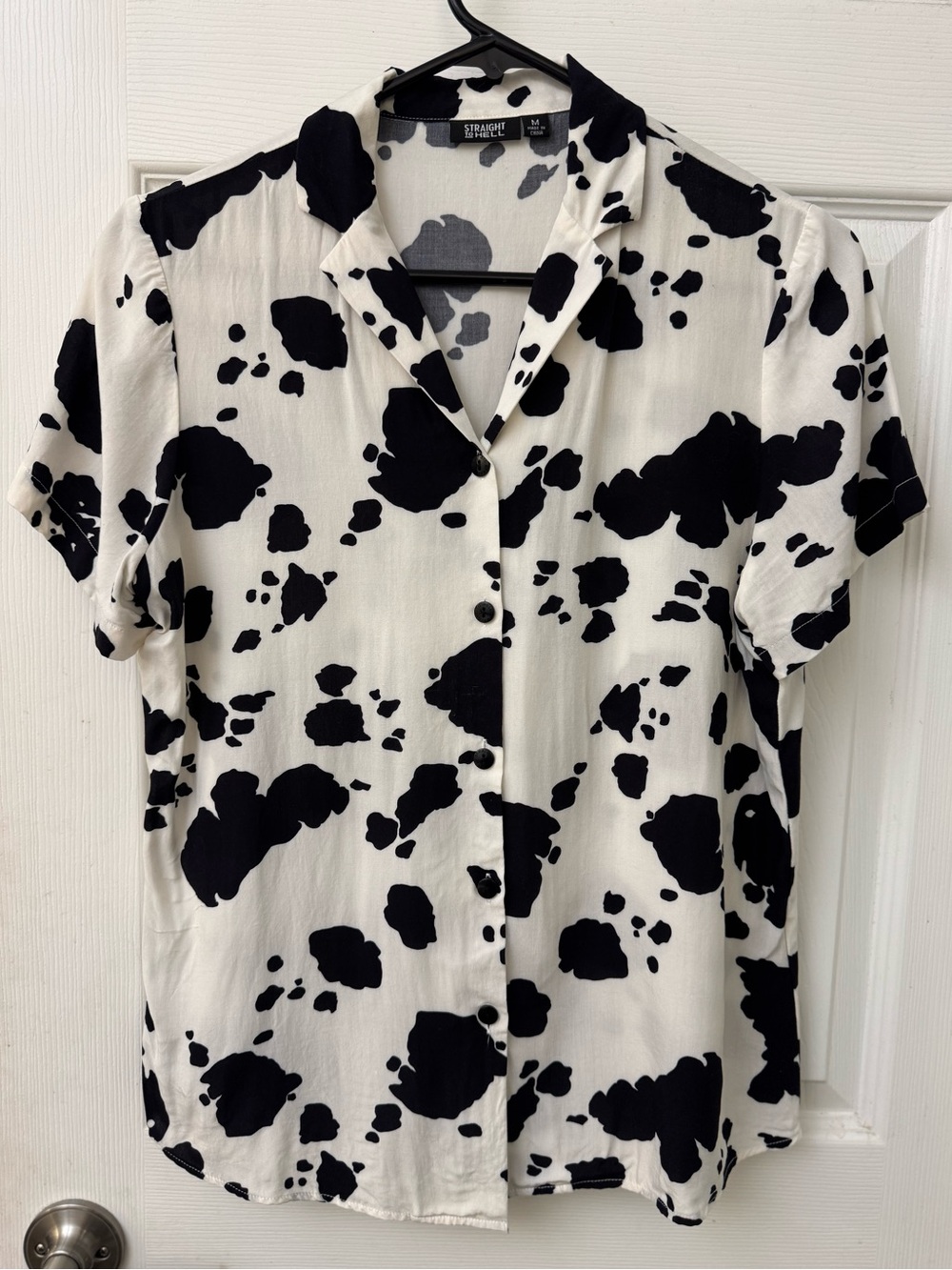 Straight To Hell Black & White Cow-Print Short Sleeve Blouse